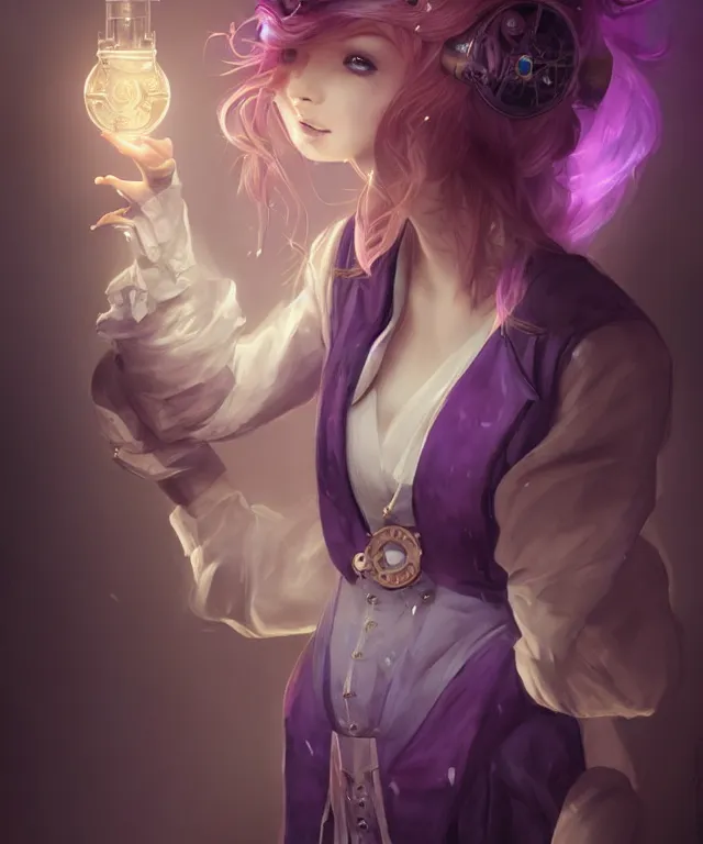 Prompt: cute friendly fantasy alchemist wearing a lab coat by charlie bowater and titian and artgerm, intricate, face, in a steampunk laboratory, elegant, purple mist, beautiful, highly detailed, dramatic lighting, sharp focus, trending on artstation, artstationhd, artstationhq, unreal engine, 4 k, 8 k