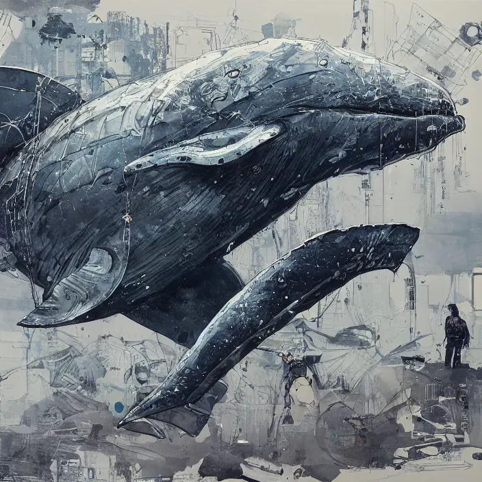 Image similar to mechanical whale, painting, by greg ruthowski, yoshikata amano, yoji shinkawa, alphonse murac, collaborative artwork, beautifully drawn, heavily detailed