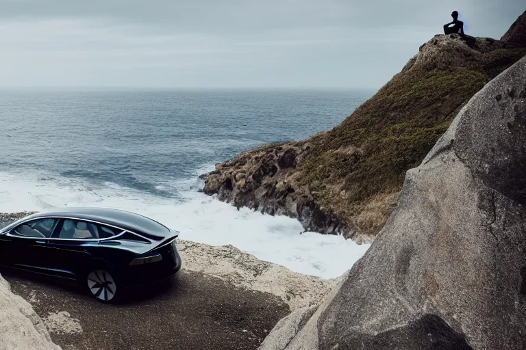 Image similar to photo of a gorgeous black model sitting on a Tesla on a cliff on the ocean By Emmanuel Lubezki