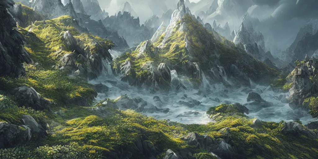 Prompt: an otherworldly landscape with mountains, forests and seas, beautiful, high detail, artstation, octane, unreal engine