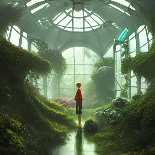 Image similar to , boy with grandma in scifi green house, spaceship, plants, stephen bliss, misty, unreal engine, fantasy art by greg rutkowski, loish, ferdinand knab, and lois van rossdraws, global illumination, radiant light, minimalist, detailed and intricate environment