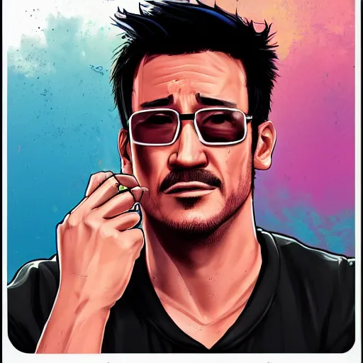 Image similar to Markiplier in a GTA 5 cover art style, highly detailed, trending on art station