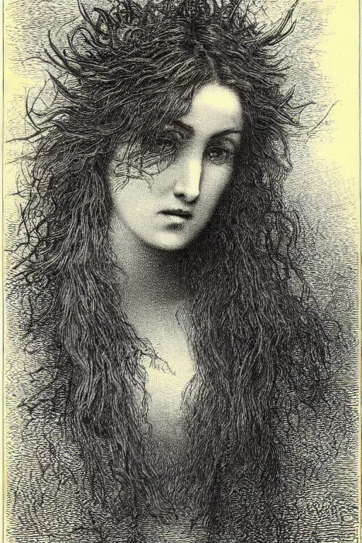 Prompt: extreme close-up covered by hair face of a woman forest background, Gustave Dore lithography