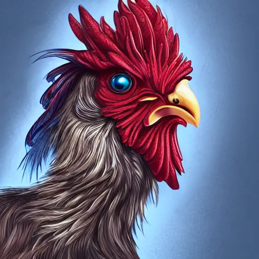 Prompt: a portrait of a half robot rooster wearing a hoodie, artstation, illustration