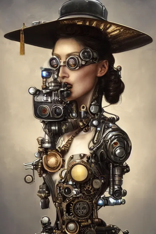Prompt: a beautiful ultra detailed fine art portrait of a steampunk cyborg wearing a graduation hat, by tom bagshaw and anna dittman, studio lighting, golden ratio composition, 3 5 mm lens, cybernetic scifi, deep depth of field, artstation, 8 k