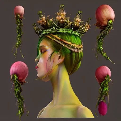 Prompt: cell shaded humanoid onion goddess, flower vine dress, crown, artstation, 4 k