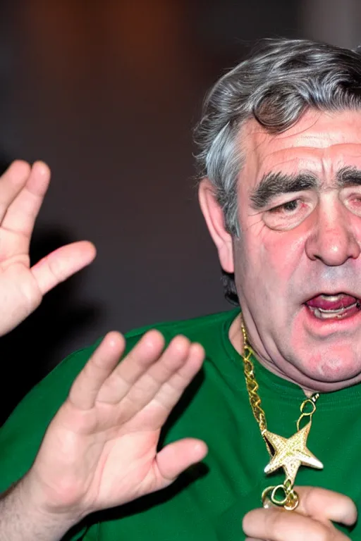 Image similar to gordon brown, dark black hair, wearing a green umbro tracksuit and gold necklace star shaped medallion, hands raised in the air,