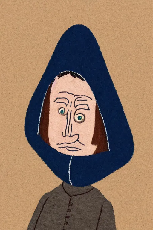 Image similar to felt illustration, portrait of a small character, with a big head, wearing a hood