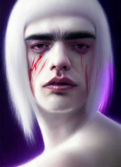 Image similar to hair whitebangs hair, black hair, whitebangs, portrait of trump with white bangs, red irises, purple clothes, white bangs, bangs are different color from hair, intricate, elegant, glowing lights, highly detailed, digital painting, artstation, concept art, smooth, sharp focus, illustration, art by wlop, mars ravelo and greg rutkowski