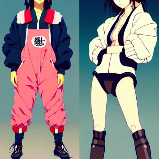 Image similar to a beautiful japanese natalie portman gravure model, wearing oversized native designer bomber jacket and leotard with overalls, bulky poofy bomber jacket with mesoamerican patterns, mesoamerican native street fashion, gapmoe yandere grimdark, trending on pixiv fanbox, painted by greg rutkowski makoto shinkai takashi takeuchi studio ghibli, akihiko yoshida