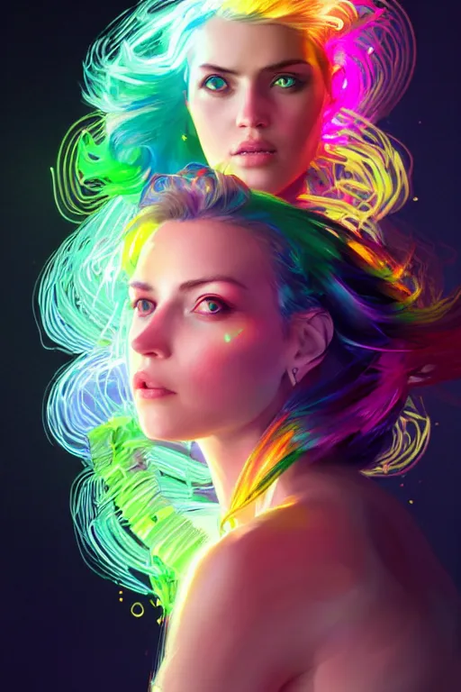 Image similar to a award winning portrait of a beautiful woman with stunning eyes in a one off shoulder crop top and cargo pants with rainbow colored hair, outlined by whirling illuminated neon lines and fine lines swirling in circles by greg rutkowski, digital art, trending on artstation