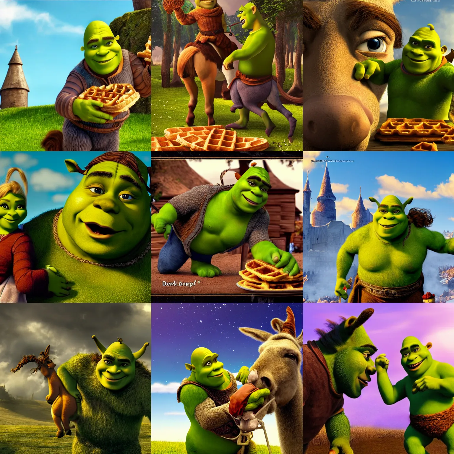 Prompt: Shrek riding on Donkey while eating waffles, movie poster, cinematic, 4k, fine details