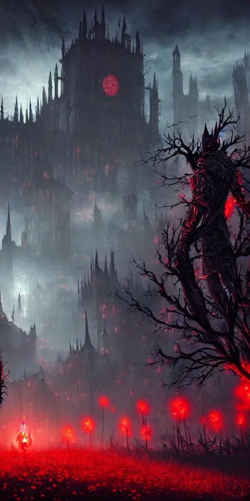 Image similar to populated bloodborne old valley with a dark person at the centre and a ruined gothic city in the background, trees and stars in the background, falling red petals, epic red - orange moonlight, perfect lightning, wallpaper illustration by niko delort and kentaro miura, 4 k, ultra realistic