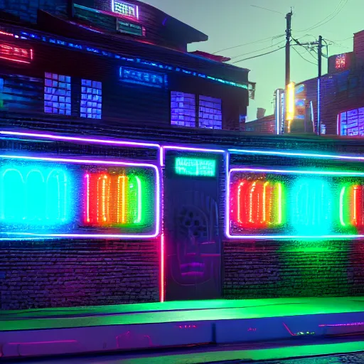 Prompt: cybernetic neon lit ndebele homestead seen from the front, street scene in blade runner, highly detailed, octane rendered