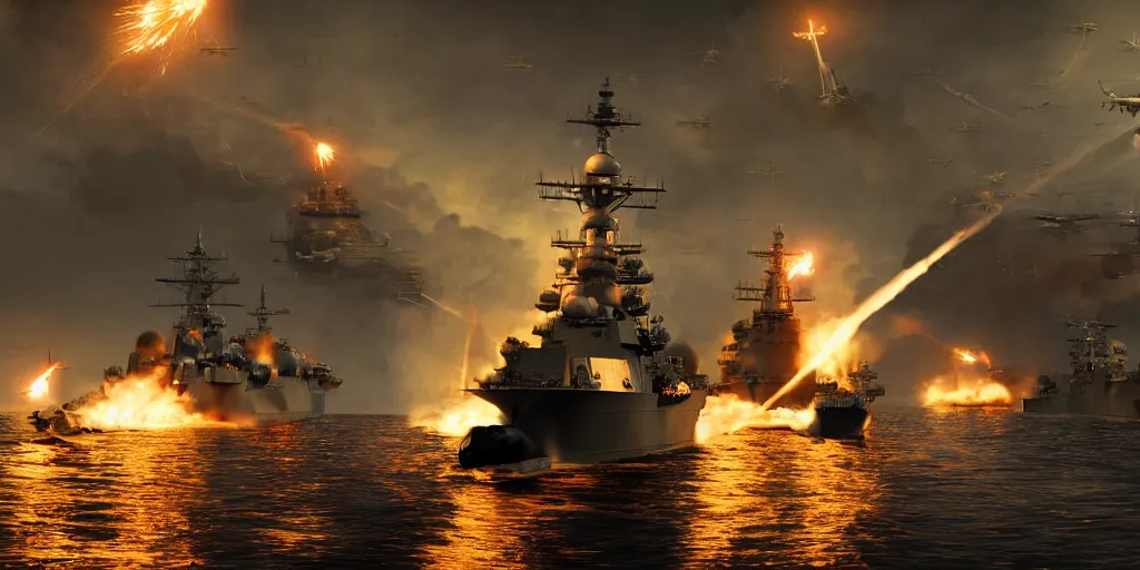 Prompt: a naval battle far away with battleships and torpedoes in the night with fire and bullet tracers flying, high detail, high definition, photorealistic, 8k,