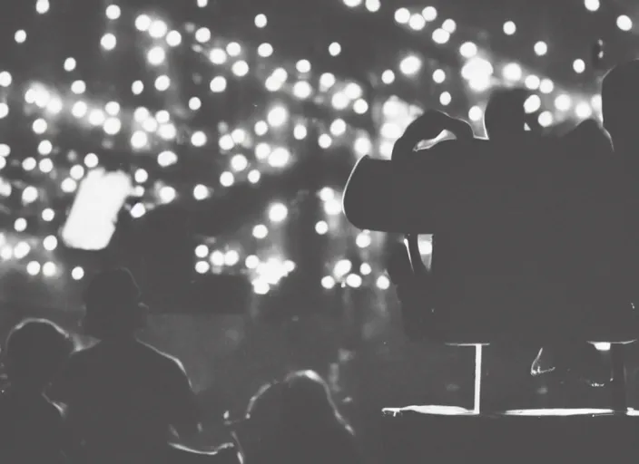 Prompt: a 2 8 mm macro photo from the back of a guitarist in the spotlight on stage at a festival in silhouette in the 1 9 6 0 s, bokeh, canon 5 0 mm, cinematic lighting, dramatic, film, photography, golden hour, depth of field, award - winning, 3 5 mm film grain