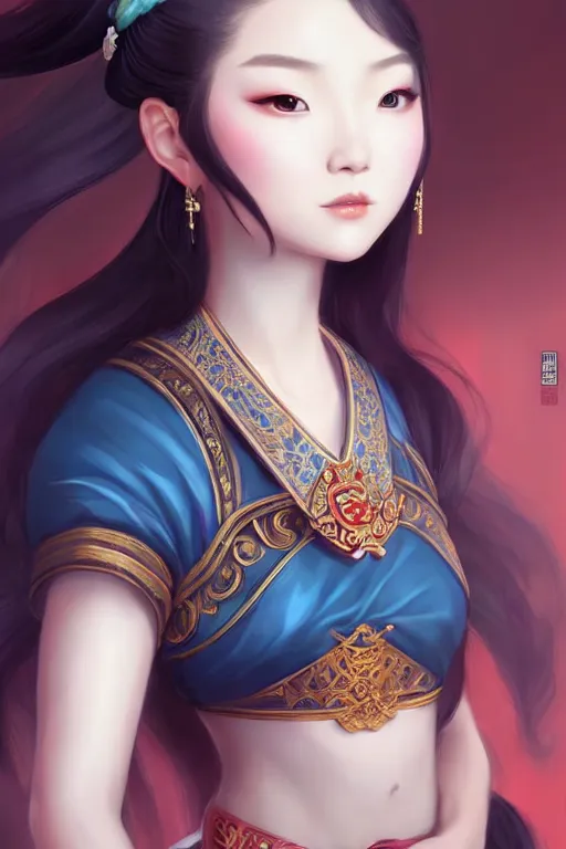 Image similar to a lovely and shiny young empress of qing dynasty, face by artgerm, ross tran, fuji choko, loish, 8 k resolution, attractive, symmetrical portrait, beautifully detailed landscape of ruin, trending on pixiv and pinterest, charming black eyes, luxury, perfect face, smooth, dreamlike