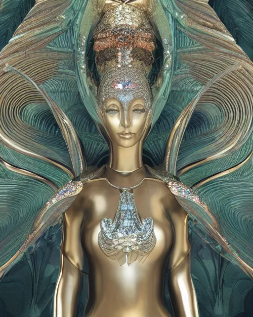 Image similar to a highly detailed metahuman 4 k close up render of an alien goddess bella hadid monument in iris van herpen dress schiaparelli in diamonds crystals swarovski and jewelry iridescent in style of alphonse mucha gustav klimt trending on artstation made in unreal engine 4