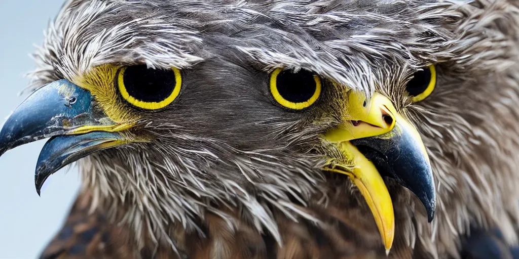 Image similar to scenic photo of a bird of prey, covered in feathers. focus on the beak. intricate eyes. extremely large wings. extreme detail, hyperrealistic photo