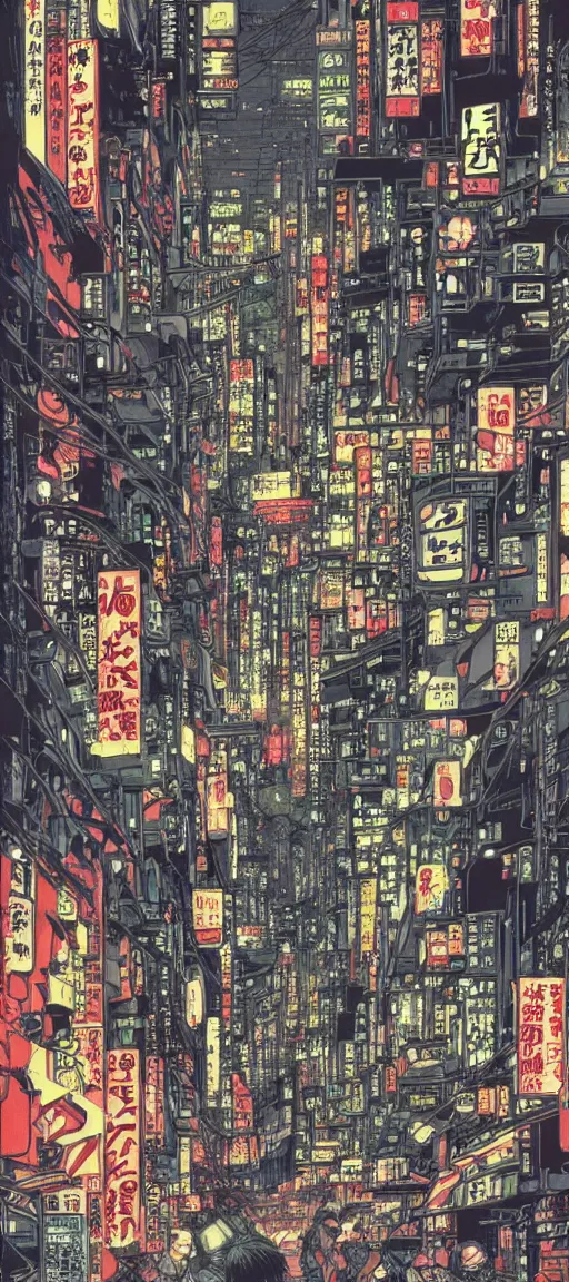 Image similar to beautiful hypercomplex anime drawing of an AKIRA-like cyberpunk city landscape, japan at night, 1980s, by Katsuhiro Otomo, wide angle, grand