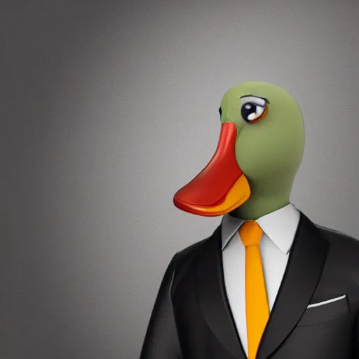 Image similar to a high detail photo of an antropomorphic duck wearing a suit, trending on artstation