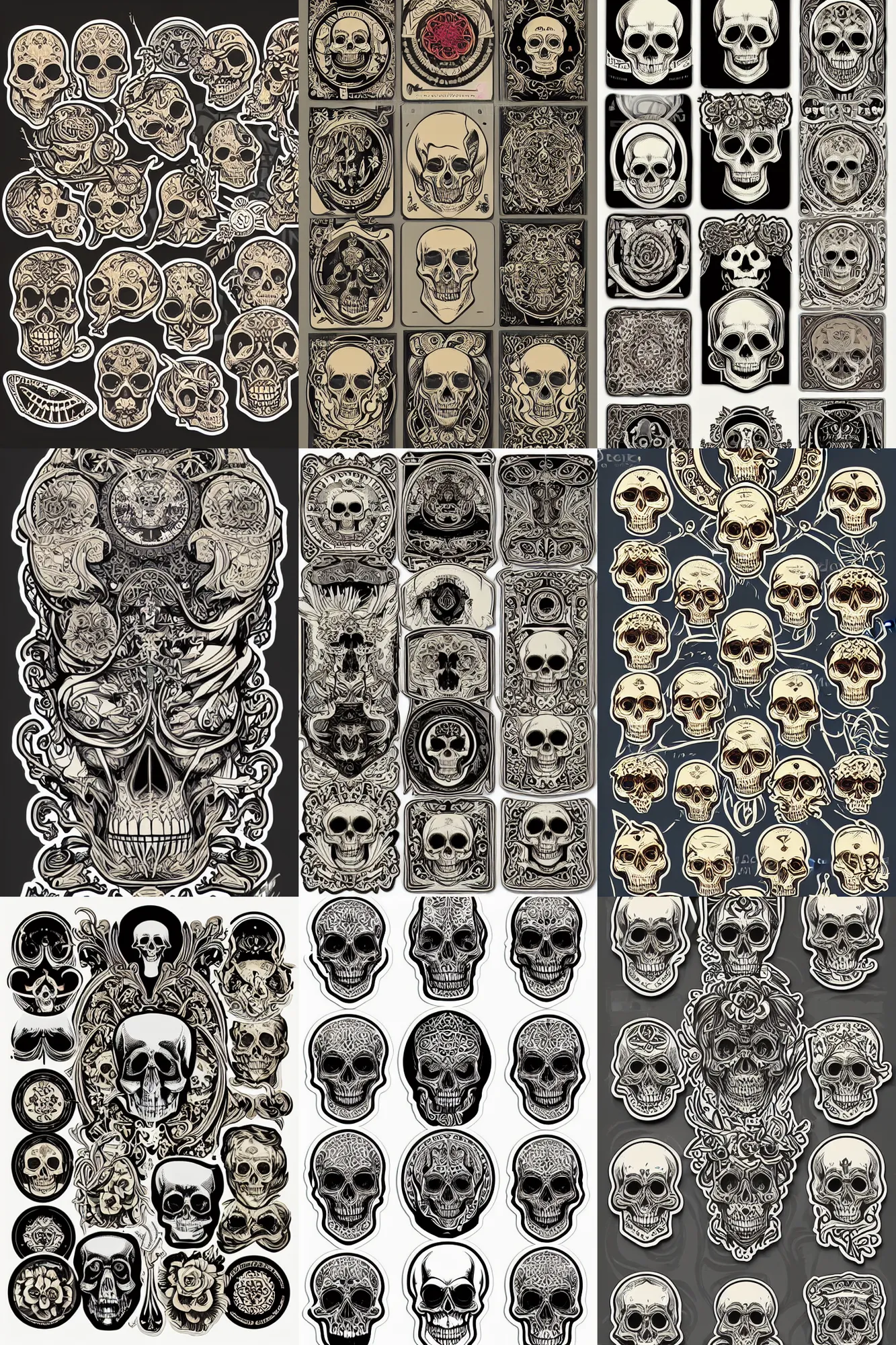 Prompt: a stunning and hypnotic full-color ancient art nouveau styled vintage Skull stickers, detailed, vector art logo by mcbess, full colour print,