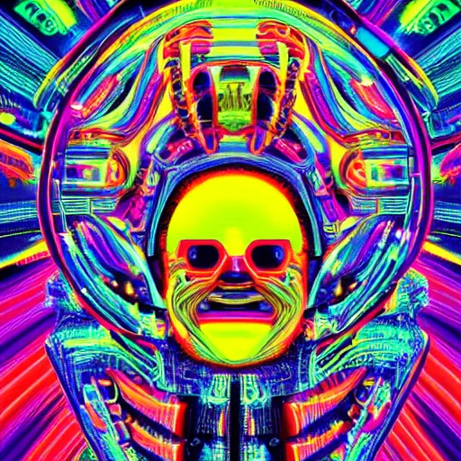 Prompt: tshirt with a hyperdetailed portrait of a futuristic trippy smiling robot head, 8 k, symetrical, flourescent colors, halluzinogenic, multicolored tshirt art,