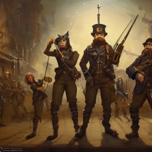 Image similar to oil painting of anthropomorphized hamster legion holding rifles, steampunk clothes, steampunk city background, sharp focus, fantasy style, octane render, volumetric lighting, 8k high definition, by greg rutkowski, highly detailed, trending on art Station, dungeons and dragons artwork, centered