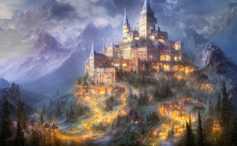 Image similar to beautiful secret city of the elves gondolin on top of a mountain, magical gloomy mystical. by konstantin razumov, fractal flame, chiaroscuro, highly detailded