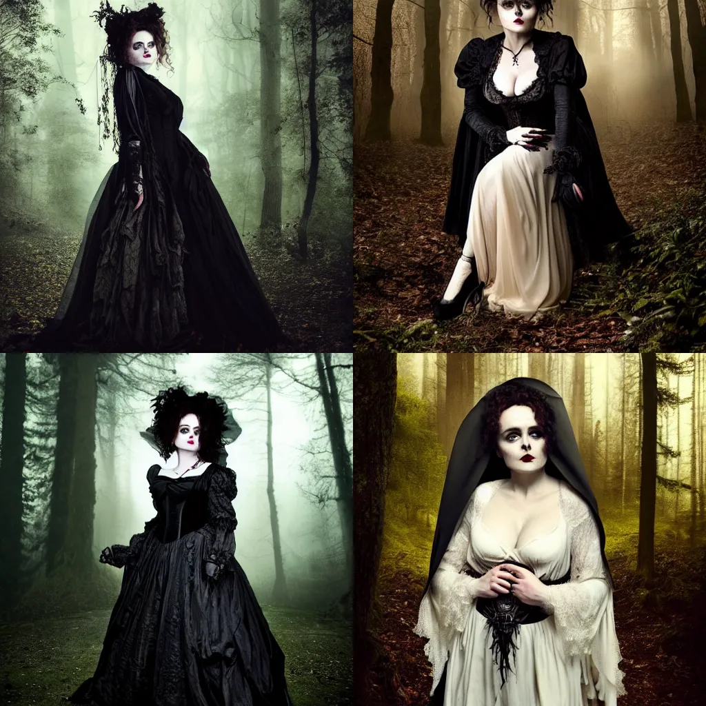 Prompt: stunning full body baroque portrait pale vampiric gaunt woman Helena Bonham Carter in mourning veil wearing a industrial victorian dress, in a forest surrounded by dark hanging trees, sinister, priestess, witch, wicked, villain, detailed, atmospheric, dark gothic color scheme, cinematic, desaturated, 8K matte, rendered in octane