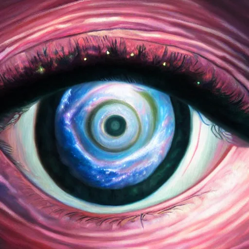 Image similar to a highly detailed photorealistic painting of the milky way galaxy reflecting off a human eye