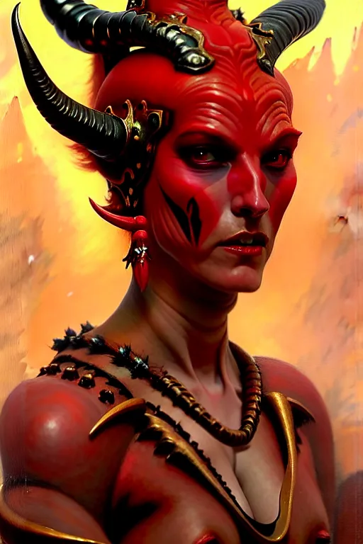 Image similar to painted close - up portrait of a very attractive red - skinned intimidating demon alien queen with ram horns! oil painting, wearing a noblewoman's outfit, fantasy art by john singer sargent and gaston bussiere and james jean and greg rutkowski, demon noble character design, hd