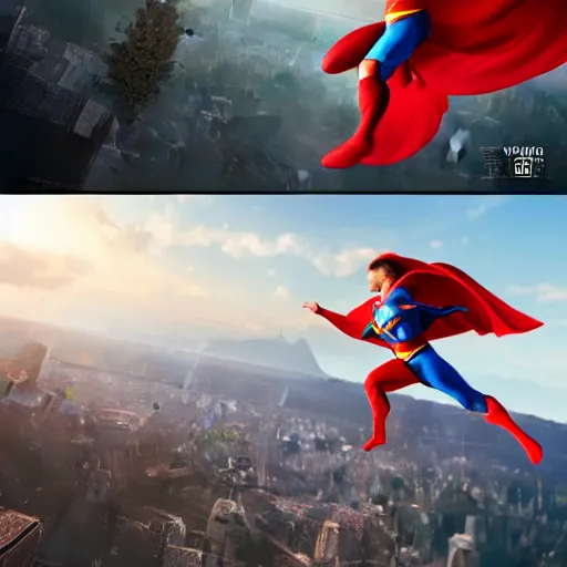 Image similar to a flying superhero rescuing a falling child. photorealistic. realism. 4 k wideshot. cinematic. unreal engine. artgerm.