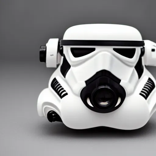 Prompt: photograph of a Stormtrooper inspired medium format TLR camera!!! . very detailed. plain background. 8K . still life photo. elegant vintage design.