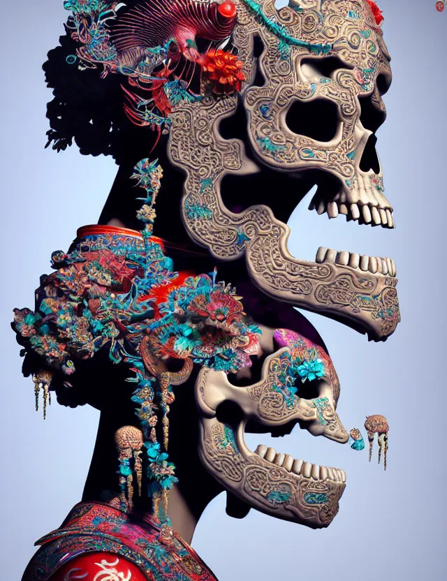 Image similar to 3 d goddess close up profile portrait with skull. beautiful intricately detailed chinese peking opera mask and clasical chinese cheongsam. betta fish, jellyfish phoenix, bio luminescent, plasma, ice, water, wind, creature, artwork by tooth wu and wlop and beeple and greg rutkowski