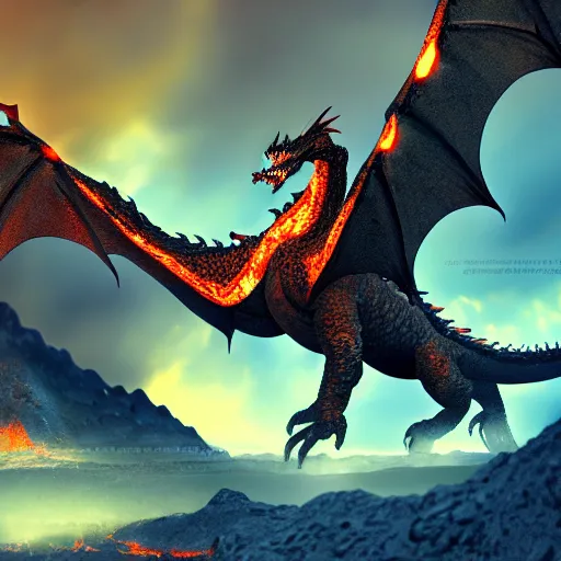 Prompt: a dragon made of crystal flying over lava, photorealistic image, ultra HD, trending on artstation, award winning illustration, 35mm lens