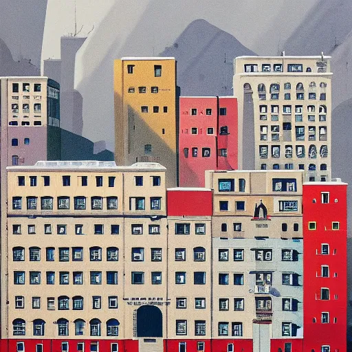 Prompt: a beautiful painting brutalist buildings making up a small city with crowds of people in an icy mountain by wes anderson, trending on artstation n - 8