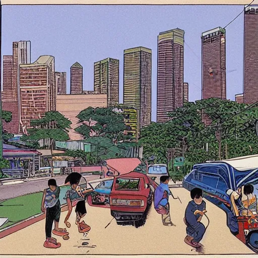 Prompt: a snapshot of daily life in a singaporean neighbourhood, by moebius