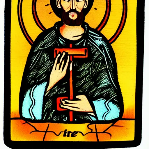 Image similar to a beautiful! portrait of a stern preacher holding a burning cross in tarot style