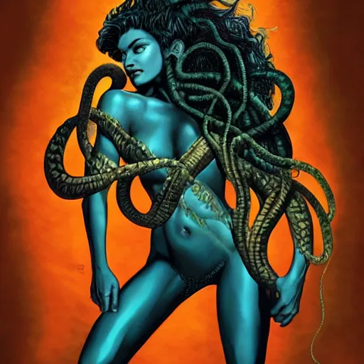 Image similar to Shanina Shaik as Medusa, snakes for hair, highly detailed, digital painting, artstation, concept art, smooth, sharp focus, illustration, art by Chris Achilleos, in the style of Medusa (1988) by Chris Achilleos.