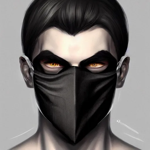 Image similar to man wearing black fabric mask, highly detailed face, character art portrait, deviantart artstation, by artgerm