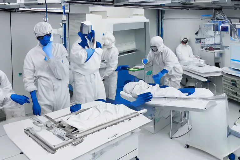 Image similar to alien species autopsy in a cleanroom covered in alien diagrams