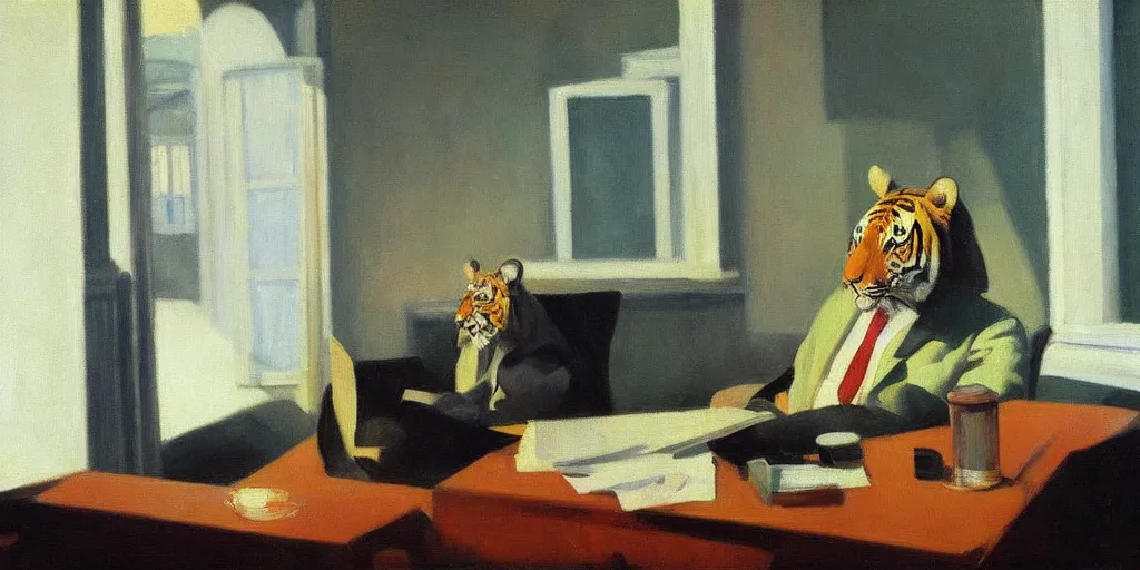 Image similar to a tiger in a suit, oil painting, by edward hopper