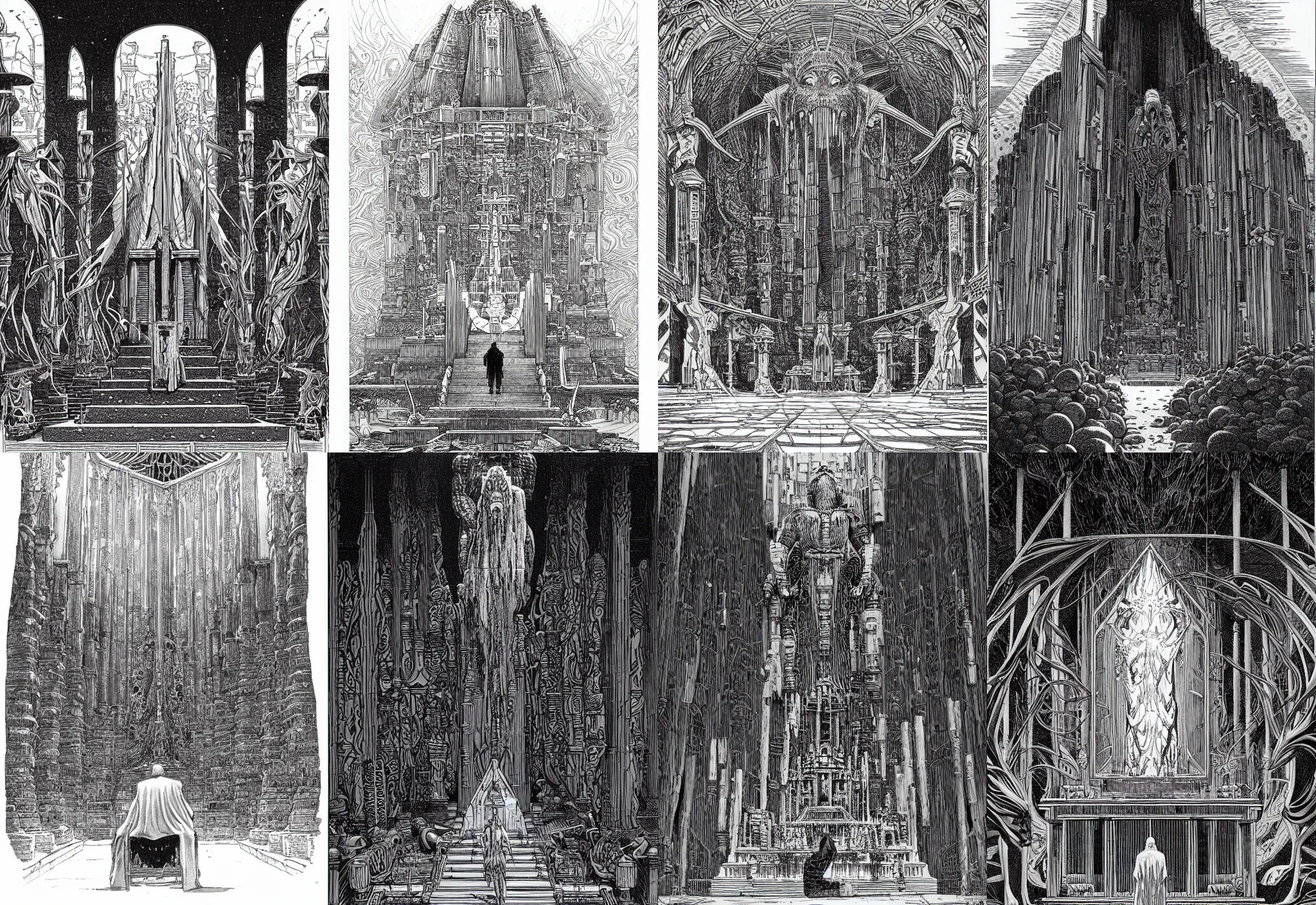 Prompt: a giant man looks at the altar of a temple, 2 meters, black and white illustration, by james jean and wayne barlowe and moebius