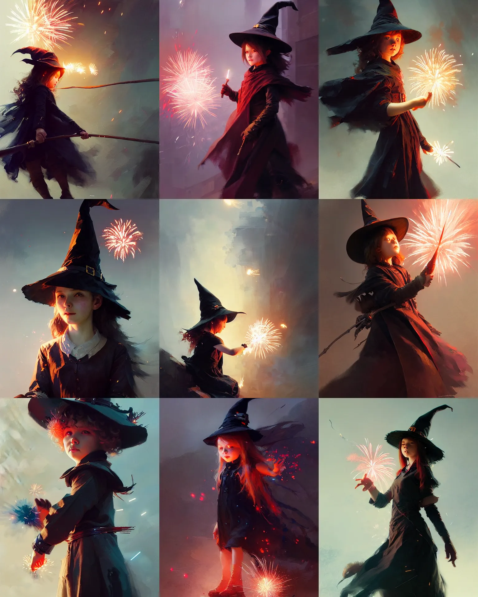 Prompt: cute young witch, fireworks, intricate, sharp focus, illustration, highly detailed, digital painting, concept art, matte, art by ruan jia and wlop and greg rutkowski, masterpiece