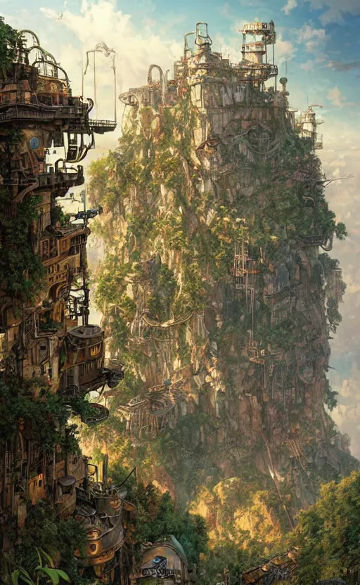 Image similar to steampunk city on a cliff, dense foliage poster art by kim jung giu and weta studio, and lucasfilm and jesper ejsing and norman rockwell greg rutkowski frank frazzeta