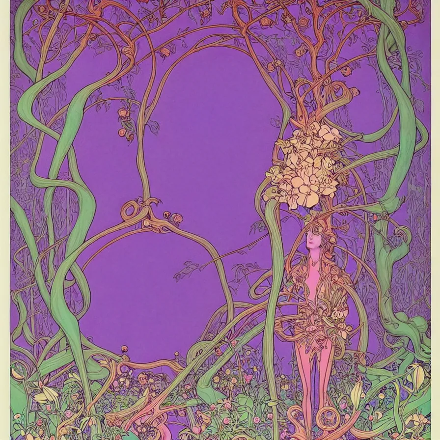 Image similar to ( ( ( ( beautiful strange forest and flowers surrounded by an art nouveau style decorative frame ) ) ) ) by mœbius!!!!!!!!!!!!!!!!!!!!!!!!!!!, overdetailed art, colorful, record jacket, no human