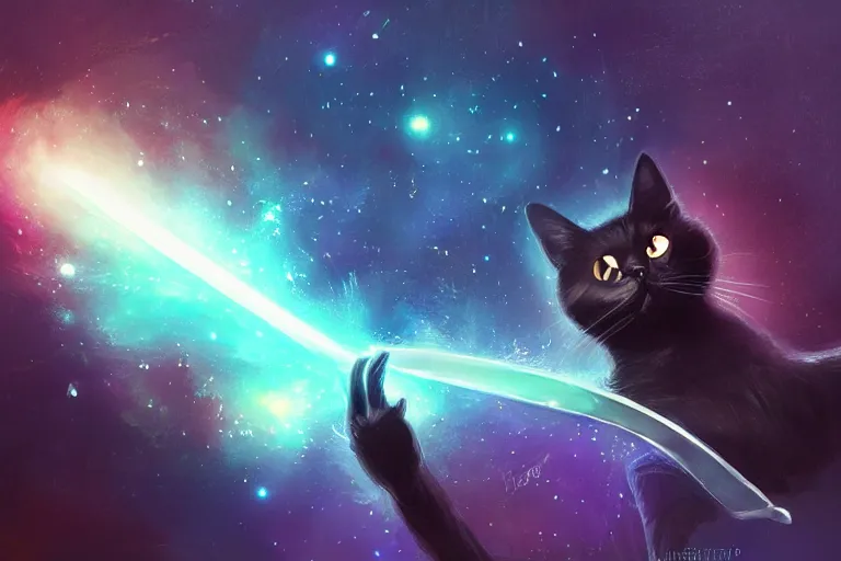 Image similar to a black cat holding a sword of galaxy, magic, digital art, glowing effect , concept art trending on artstation ,