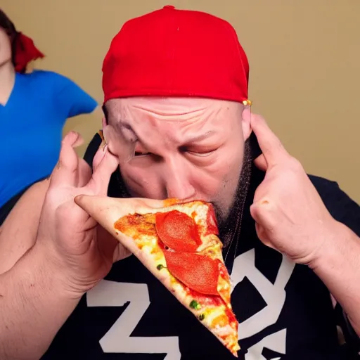 Prompt: fred durst puking on a pizza at a birthday party, woman looking disgusted in the background, 4 k,