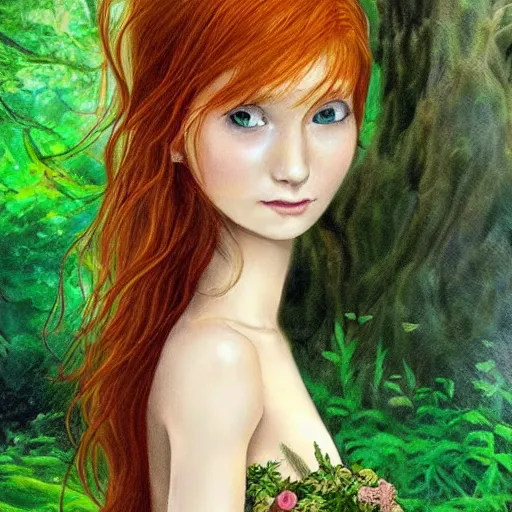 Prompt: Ed Sheeran as a shy forest nymph. beautiful flowing auburn hair and slender feminine body. this nymph is so demure. She plays along the banks of an enchanted river in a cozy glade. I feel happy when I see this wonderful work of art. Highly detailed art.